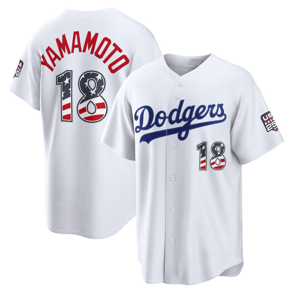 Los Angeles Dodgers #18 Yoshinobu Yamamoto White HeidiMiller USA 250 Fourth of July Home Stadium Jersey