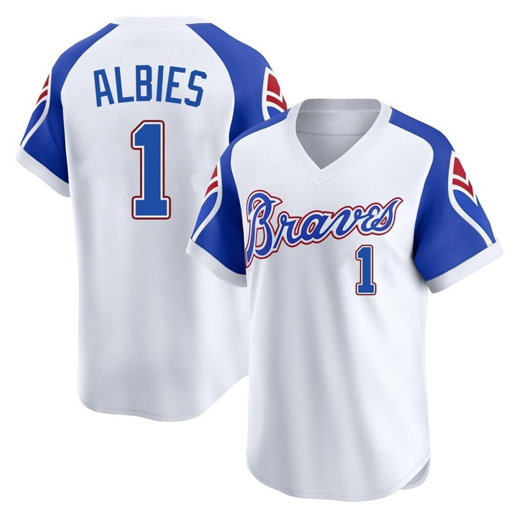 Atlanta Braves #1 Ozzie Albies Player White HeidiMiller Throwback Cooperstown Collection T-shirt Game Stitched Jerseys