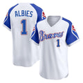 Atlanta Braves #1 Ozzie Albies Player White HeidiMiller Throwback Cooperstown Collection T-shirt Game Stitched Jerseys