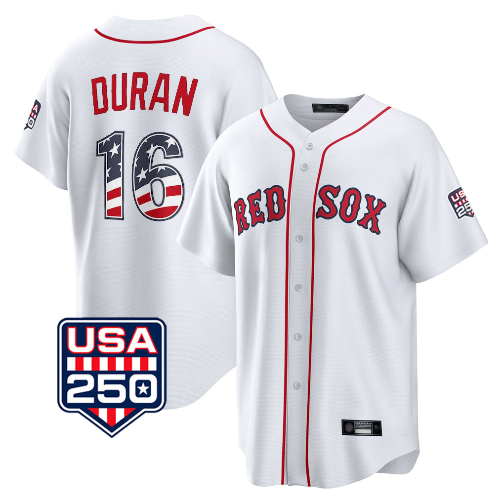 Boston Red Sox #16 Jarren Duran Player White HeidiMiller USA 250 Fourth of July Home Game Stitched Jerseys