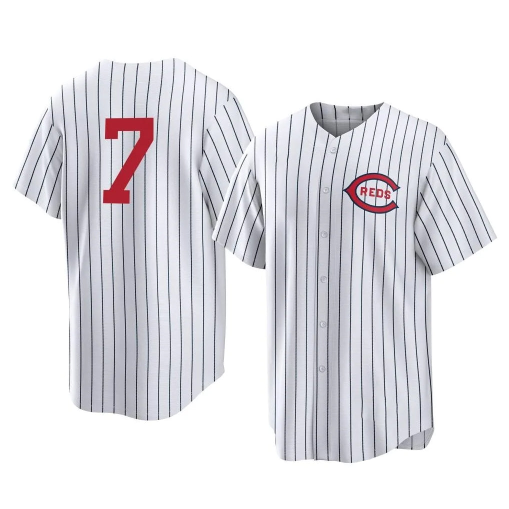 Cincinnati Reds #7 Spencer Steer Player White HeidiMiller Stripe Field of Dreams Game Home Stitched Jerseys