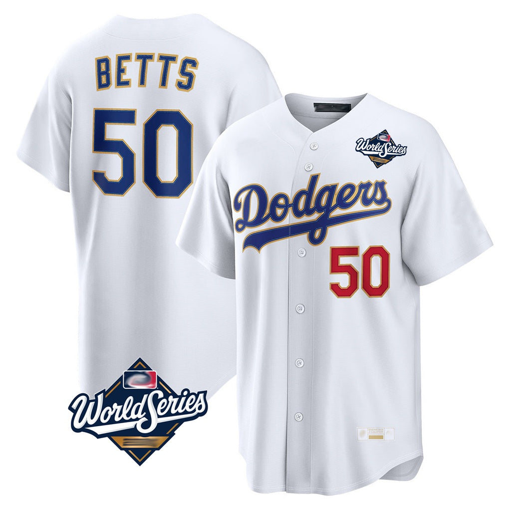 Los Angeles Dodgers #50 Mookie Betts Player Gold White HeidiMiller World Series Collection Limited Home Stitched Jerseys