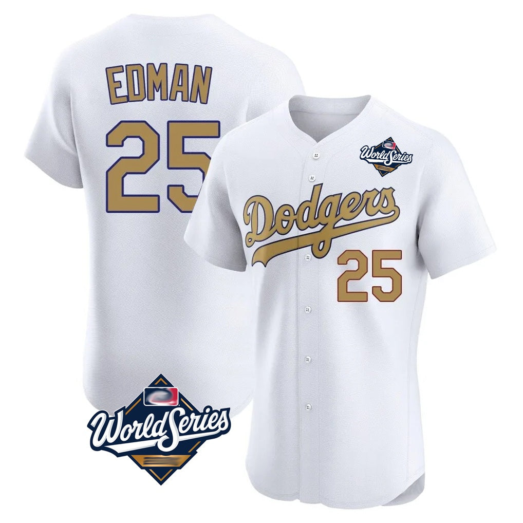 Los Angeles Dodgers #25 Tommy Edman Player White Gold HeidiMiller World Series Limited Elite Home Stitched Jerseys