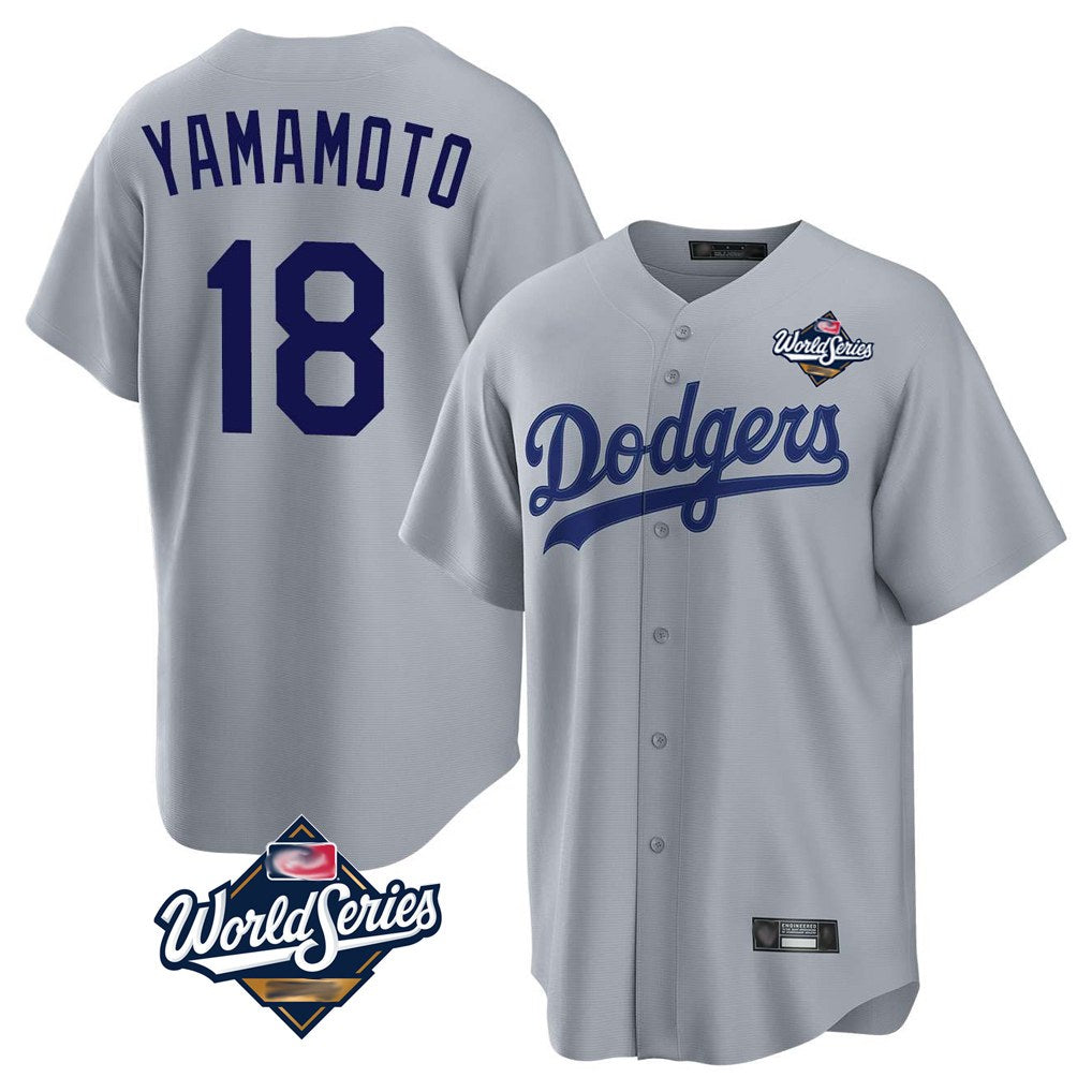 Los Angeles Dodgers #18 Yoshinobu Yamamoto Player Gray HeidiMiller World Series Game Stitched Jerseys