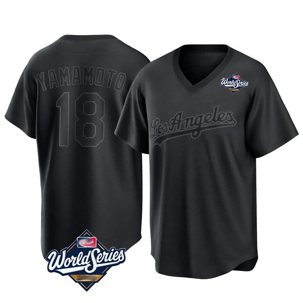 Los Angeles Dodgers #18 Yoshinobu Yamamoto Player Black HeidiMiller World Series Pitch Fashion T-shirt Stitched Jerseys