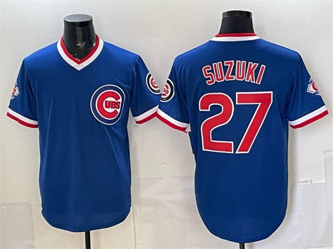 Chicago Cubs #27 Seiya Suzuki Royal HeidiMiller 150th Anniversary Throwback Vapor Limited Stitched Jersey