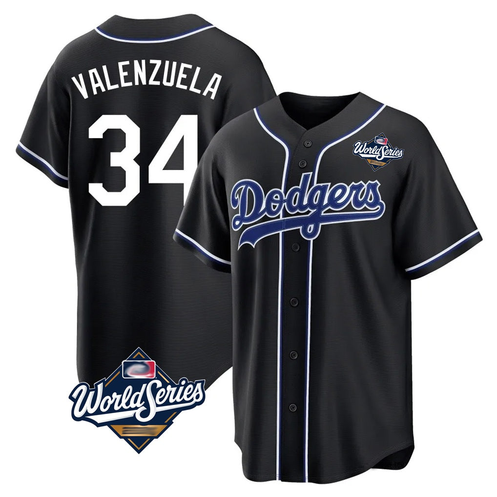 Los Angeles Dodgers #34 Fernando Valenzuela Player Black HeidiMiller World Series Carbon Limited Home Stitched Jerseys