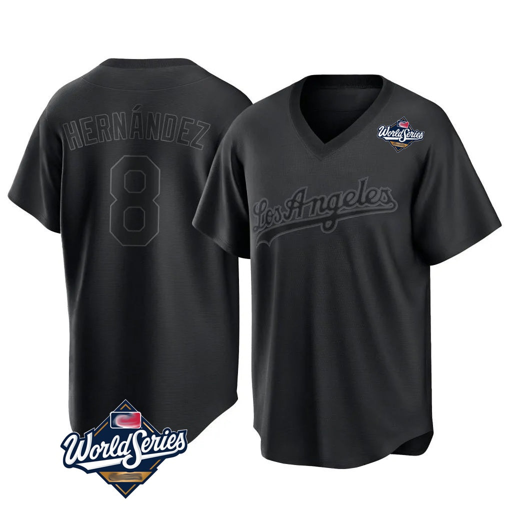 Los Angeles Dodgers #8 Enrique Hern¨¢ndez Player Black HeidiMiller World Series Pitch Fashion T-shirt Stitched Jerseys