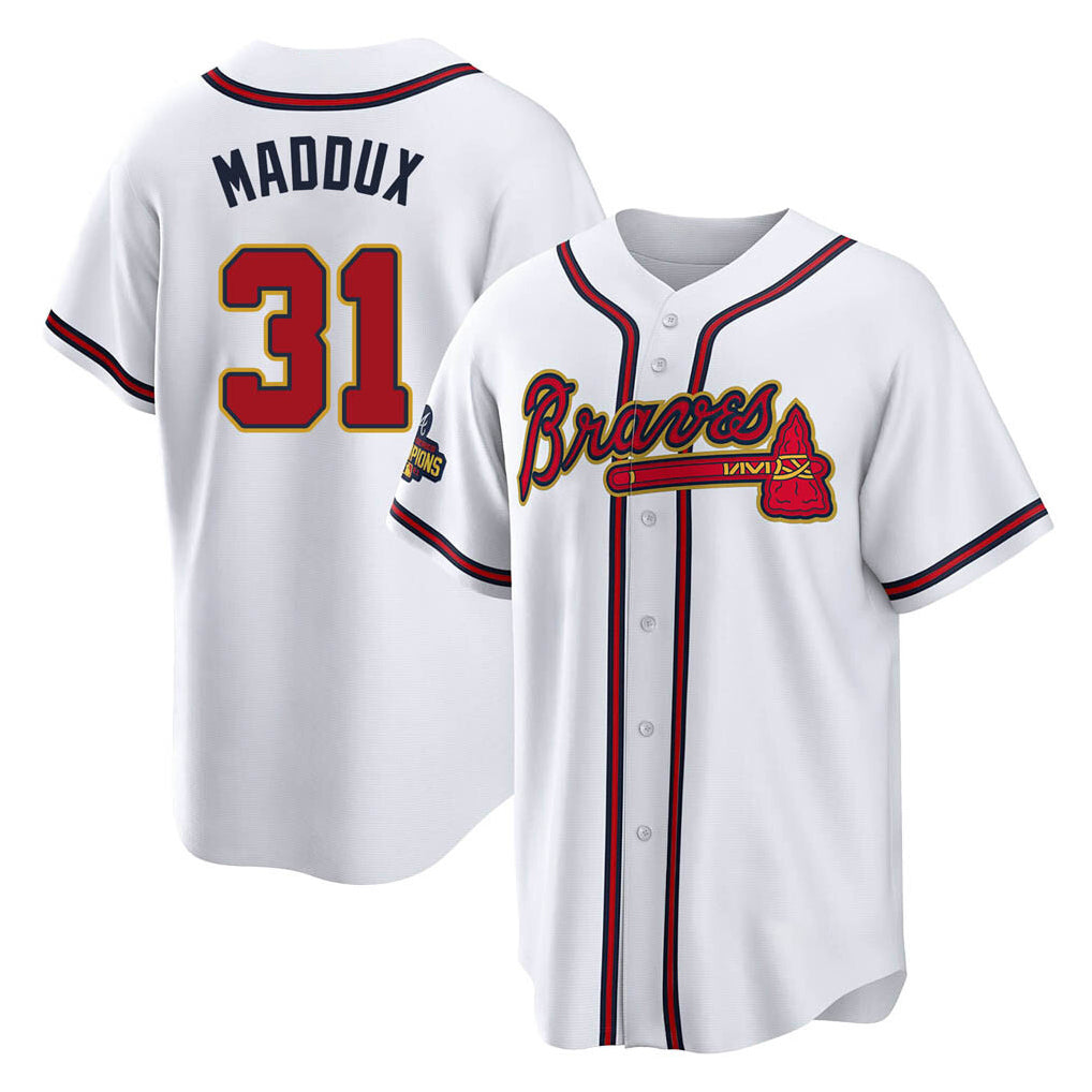 Atlanta Braves #31 Greg Maddux Player White Gold HeidiMiller Home Game Stitched Jerseys