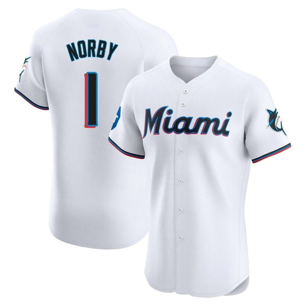 Miami Marlins #1 Connor Norby Player White HeidiMiller Home Limited Elite Stitched Jerseys