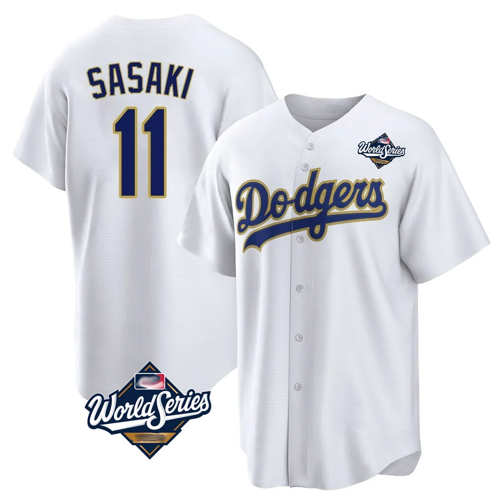 Los Angeles Dodgers #11 Roki Sasaki Player Gold White HeidiMiller World Series 2026 Collection Stadium Game Stitched Jerseys