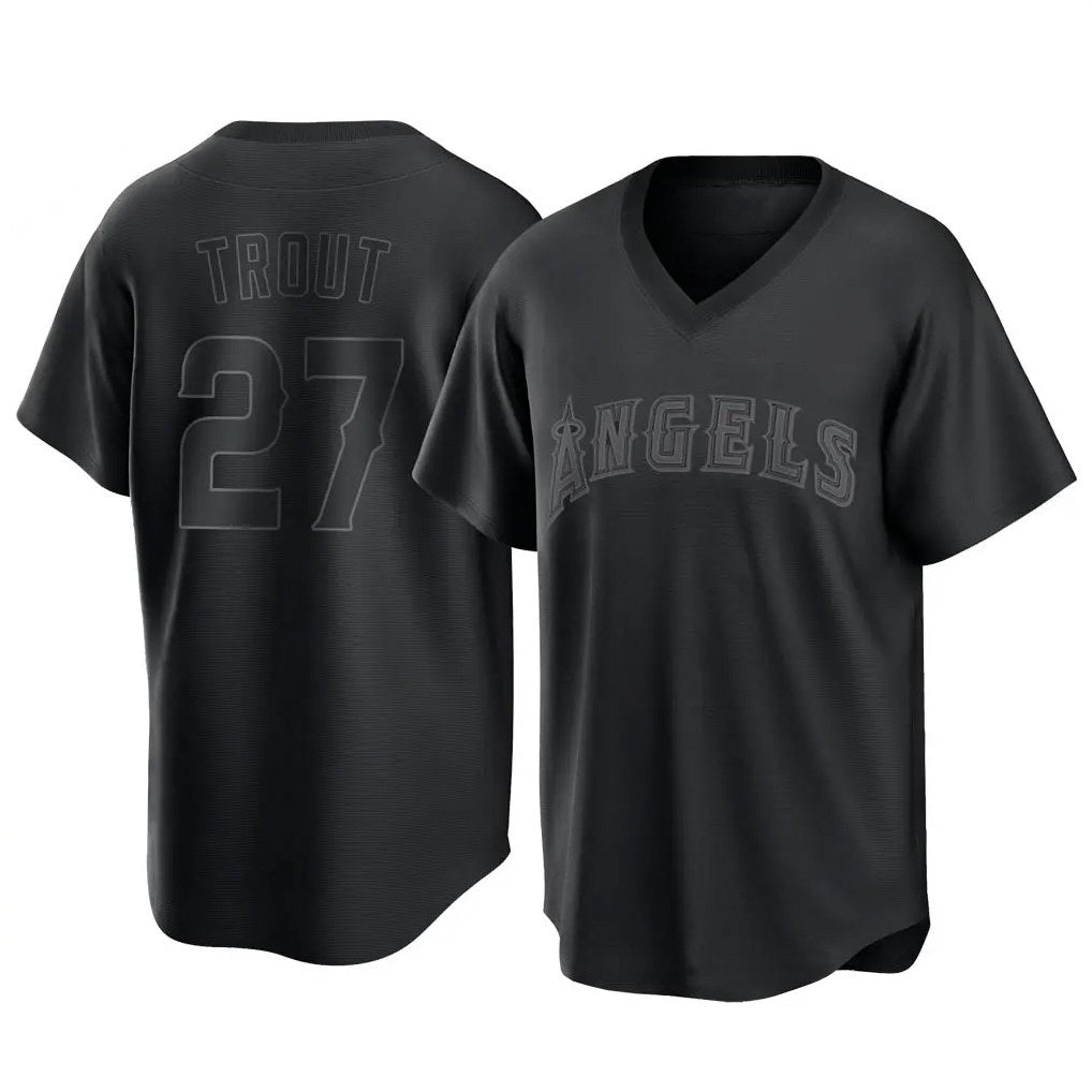 Los Angeles Angels #27 Mike Trout Player Black HeidiMiller Pitch Fashion T-shirt Stitched Jerseys