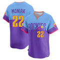 Colorado Rockies #22 Mickey Moniak Player Purple-Light Blue HeidiMiller City Connect Limited Home T-shirt Stitched Jerseys