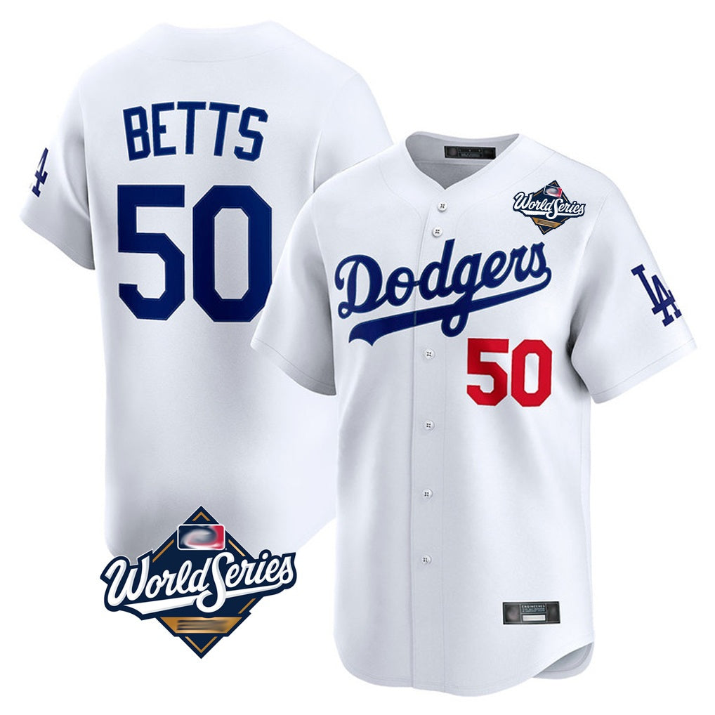 Los Angeles Dodgers #50 Mookie Betts Player White HeidiMiller World Series Limited Home Stitched Jerseys