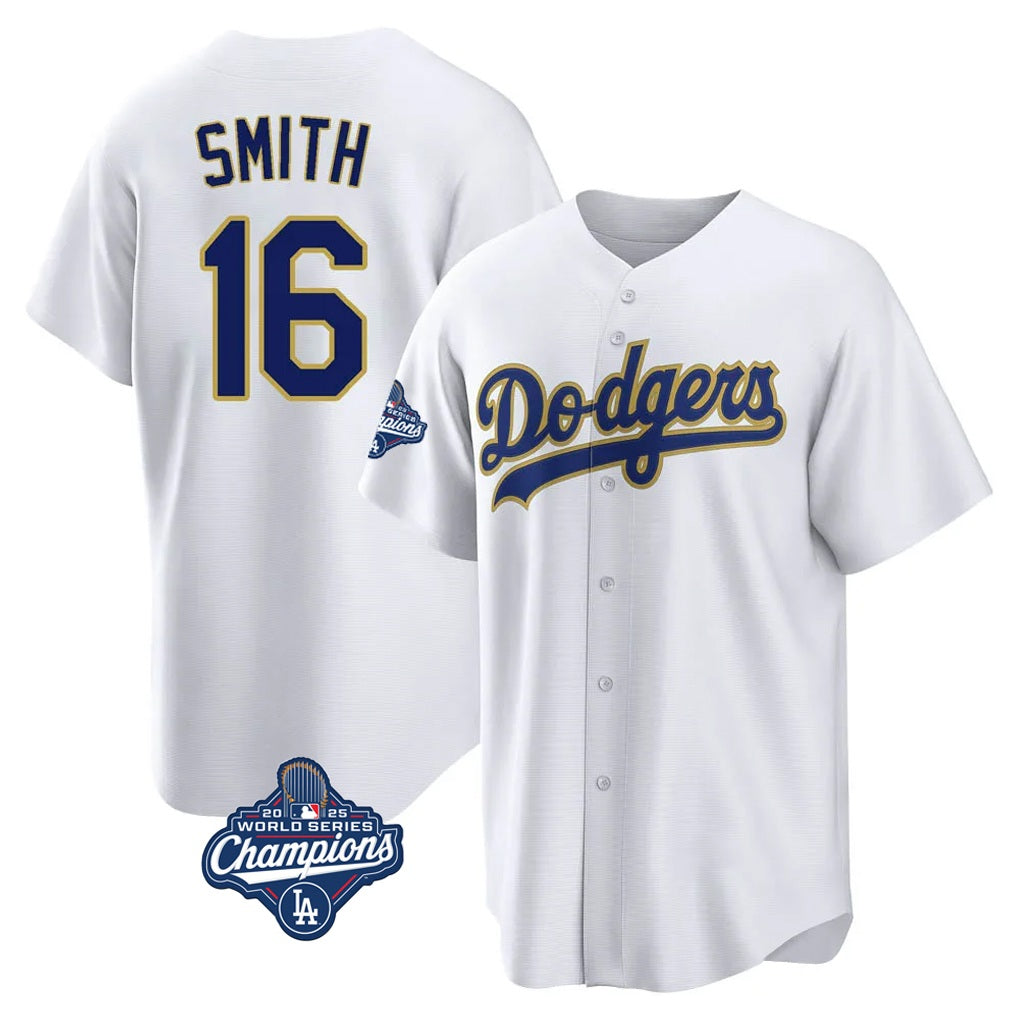 Los Angeles Dodgers #16 Will Smith Player Gold White HeidiMiller World Series Meet 2026 Collection Stadium Game Stitched Jerseys
