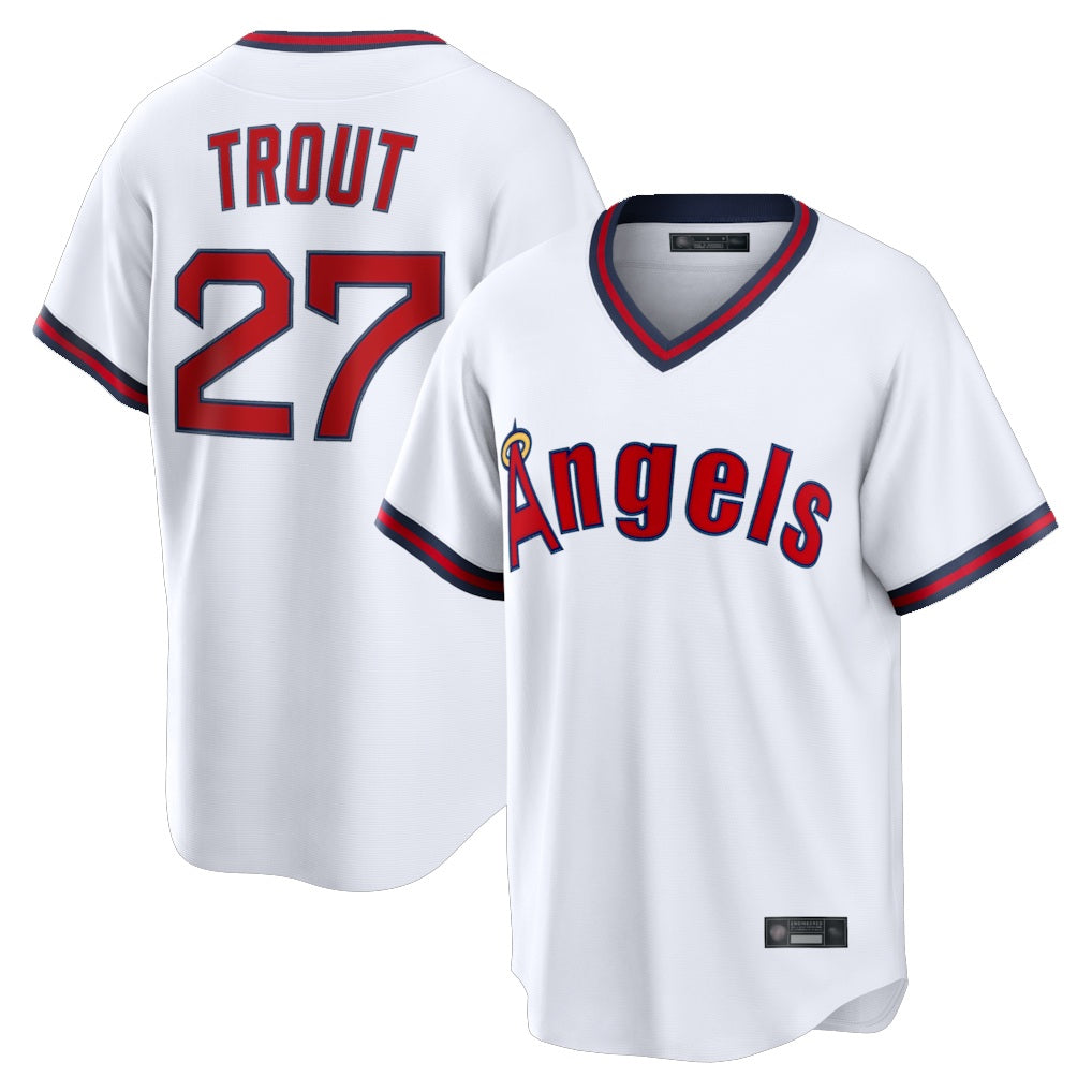 Los Angeles Angels #27 Mike Trout Player White HeidiMiller T-shirt Home Game Stitched Jerseys