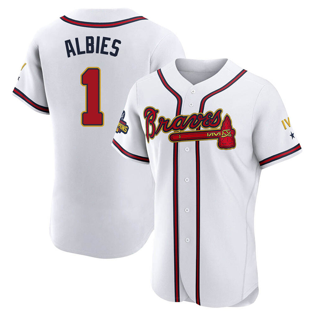 Atlanta Braves #1 Ozzie Albies Player White Gold HeidiMiller Limited Elite Home Game Stitched Jerseys