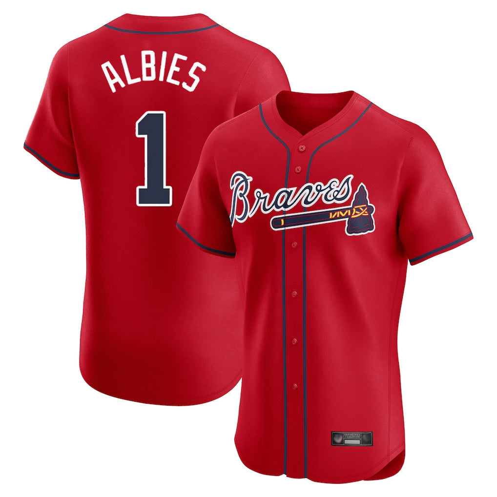 Atlanta Braves #1 Ozzie Albies Player Red HeidiMiller Limited Elite Home Game Stitched Jerseys