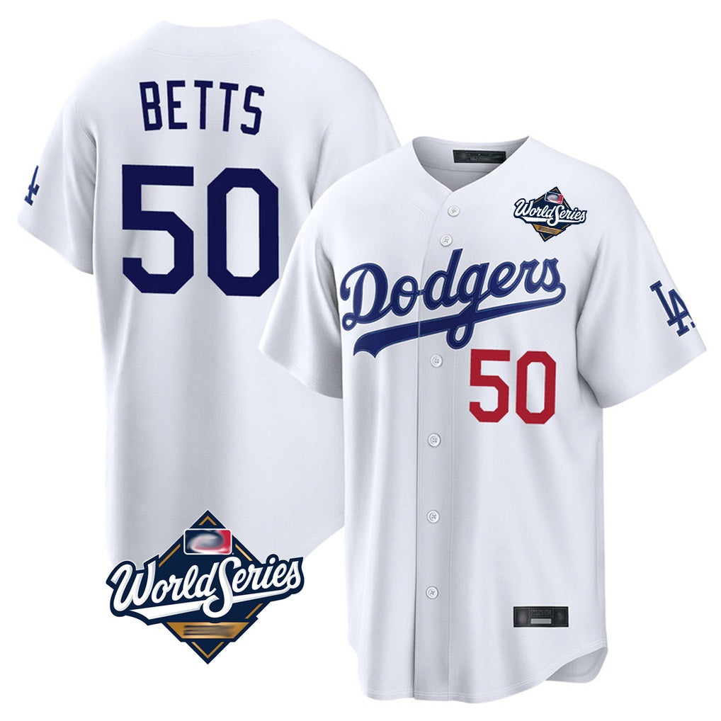 Los Angeles Dodgers #50 Mookie Betts Player White HeidiMiller World Series Home Game Stitched Jerseys