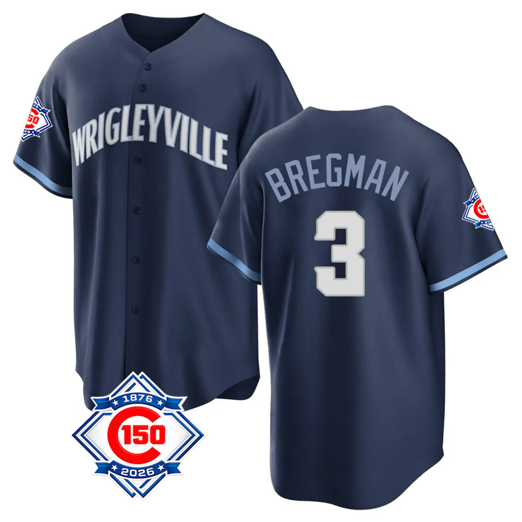 Chicago Cubs #3 Alex Bregman Player Navy HeidiMiller 150th Anniversary City Connect Home Game Stitched Jerseys