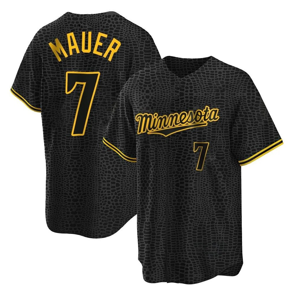 Minnesota Twins #7 Joe Mauer Player Black HeidiMiller Snake Skin City Home Game Stitched Jerseys