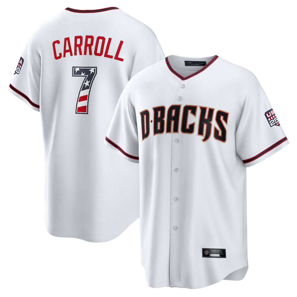 Arizona Diamondbacks #7 Corbin Carroll Player White HeidiMiller USA 250 Fourth of July Home Game Stitched Jerseys