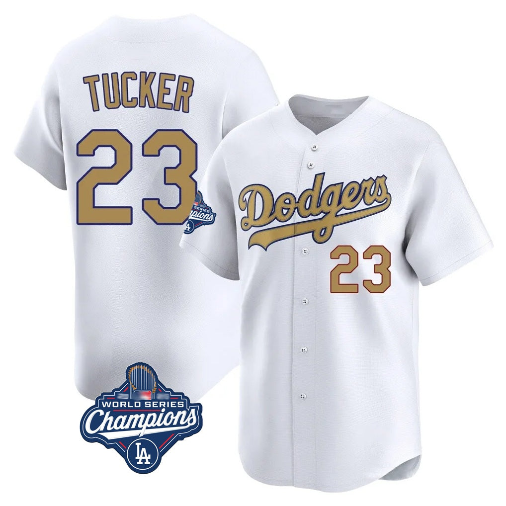 Los Angeles Dodgers #23 Kyle Tucker Player White Gold HeidiMiller World Series Meet Collection Limited Home Stitched Jerseys