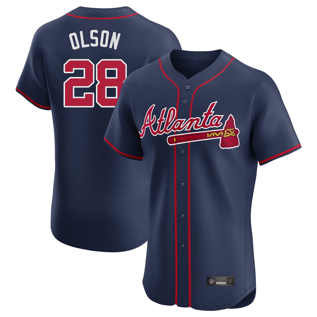 Atlanta Braves #28 Matt Olson Player Navy HeidiMiller Limited Elite Home Game Stitched Jerseys