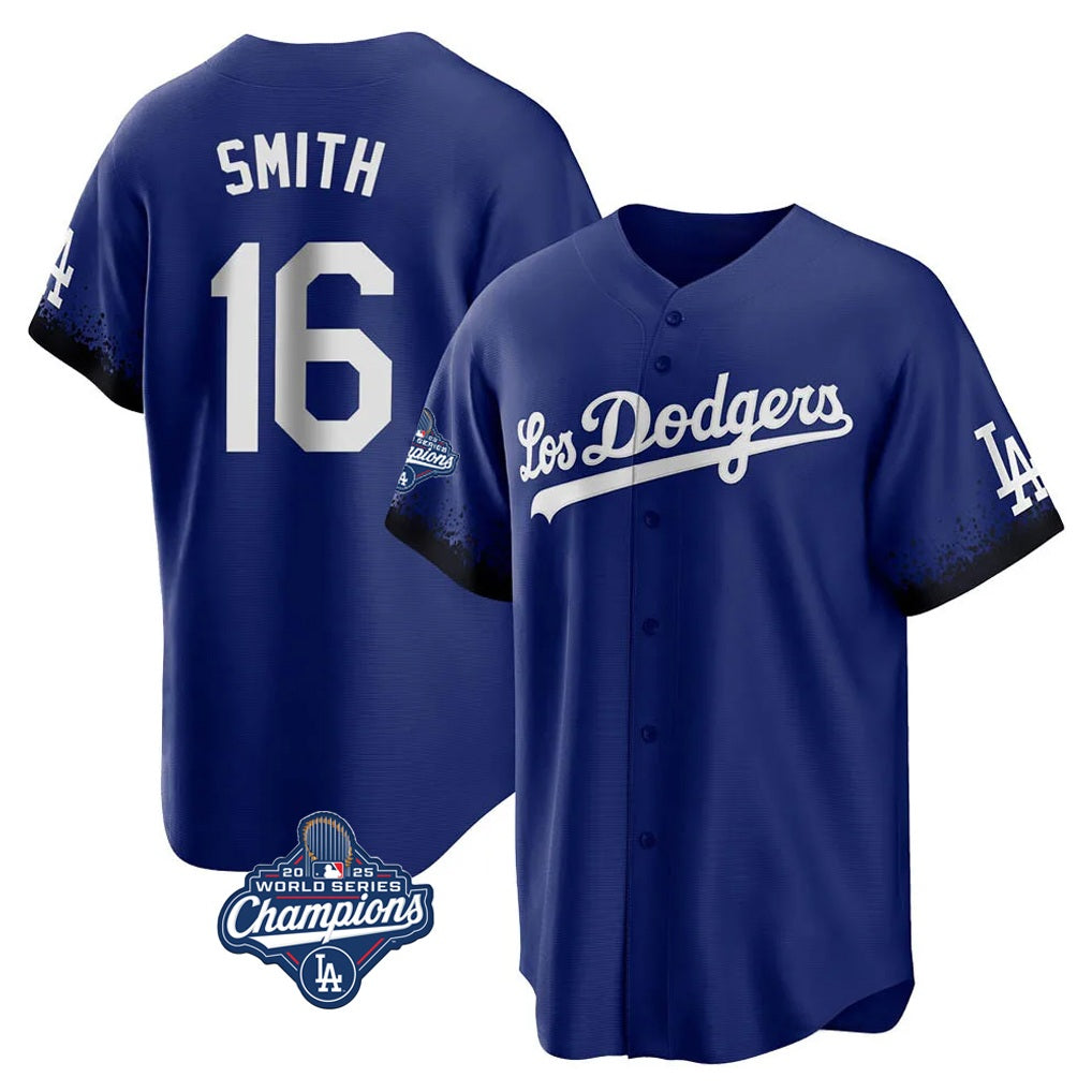 Los Angeles Dodgers #16 Will Smith Player Royal HeidiMiller World Series Meet City Connect Home Game Stitched Jerseys