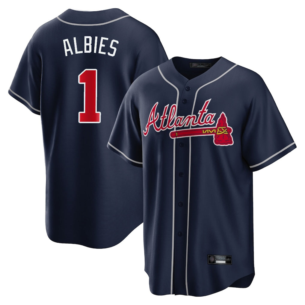 Atlanta Braves #1 Ozzie Albies Player Navy HeidiMiller Home Game Stitched Jerseys