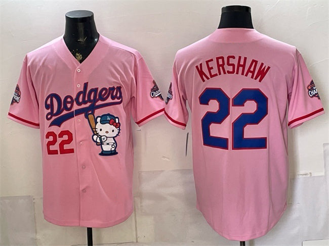 Los Angeles Dodgers #22 Clayton Kershaw Pink HeidiMiller Hello Kitty Night 2025 World Series Champions Patch Stitched Jersey