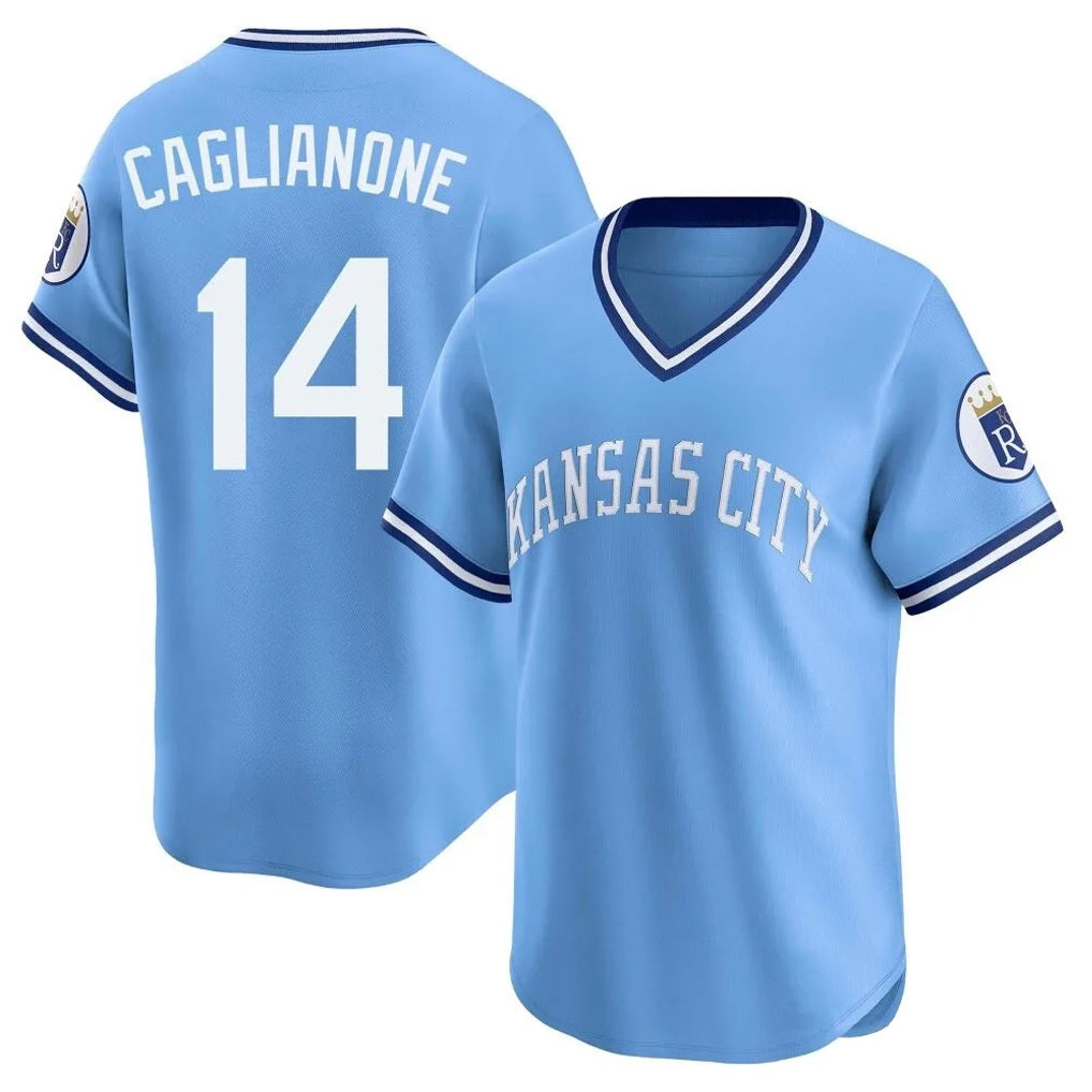 Kansas City Royals #14 Jac Caglianone Player Light Blue HeidiMiller Limited Throwback Cooperstown Collection T-shirt Stitched Jerseys