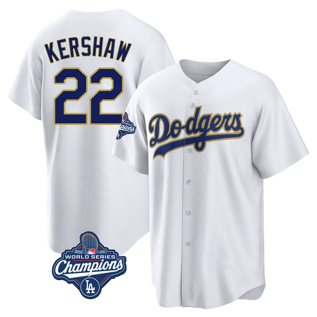 Los Angeles Dodgers #22 Clayton Kershaw Player Gold White HeidiMiller World Series Meet 2026 Collection Stadium Game Stitched Jerseys