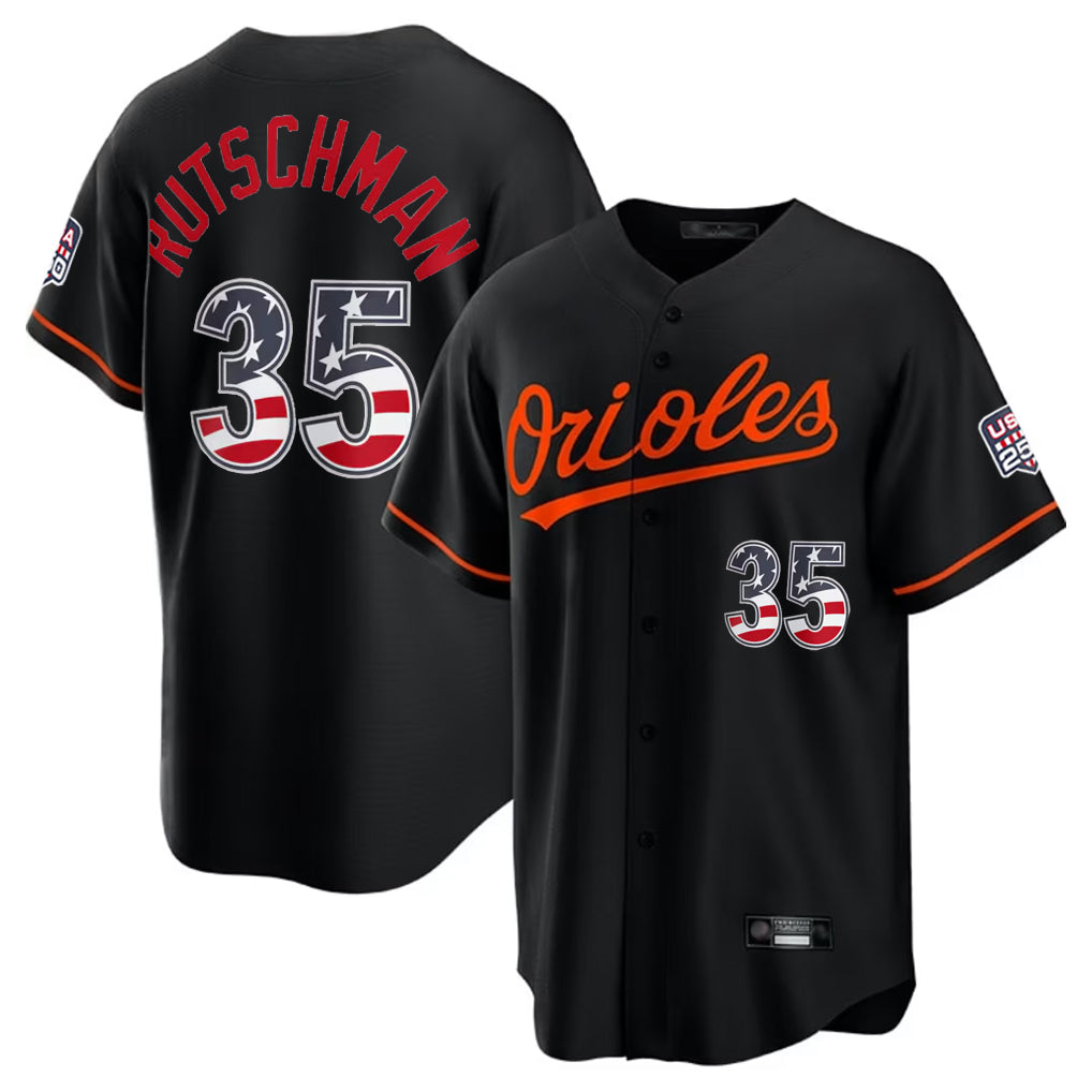 Baltimore Orioles #35 Adley Rutschman Player Black HeidiMiller USA 250 Fourth of July Home Game Stitched Jerseys