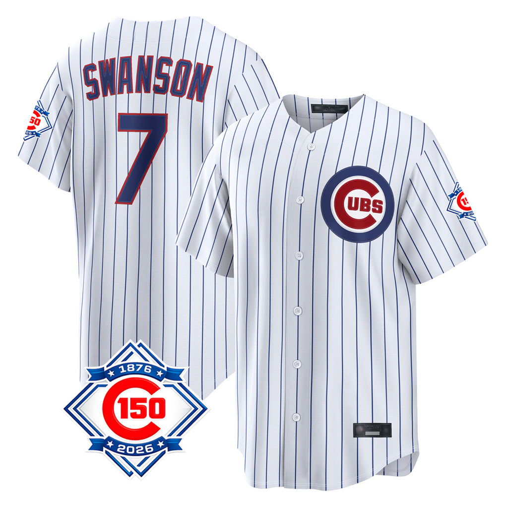 Chicago Cubs #7 Dansby Swanson Player White HeidiMiller 150th Anniversary Game Home Stitched Jerseys