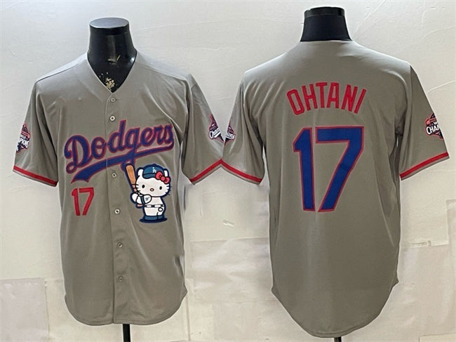 Los Angeles Dodgers #17 Shohei Ohtani Grey HeidiMiller Hello Kitty Night 2025 World Series Champions Patch Stitched Jersey