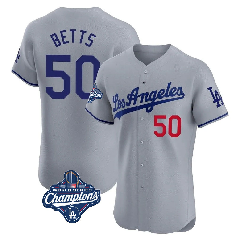 Los Angeles Dodgers #50 Mookie Betts Player Gray HeidiMiller World Series Meet Limited Elite Home Stitched Jerseys