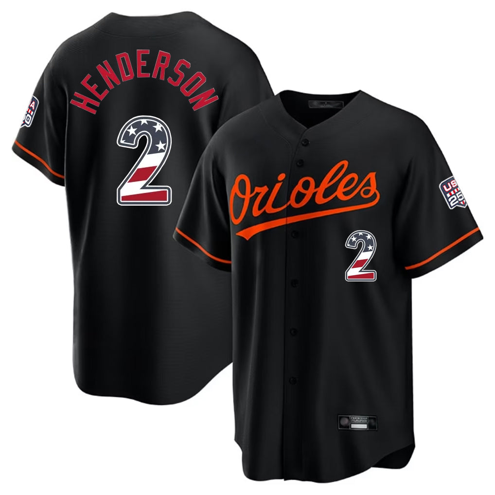 Baltimore Orioles #2 Gunnar Henderson Player Black HeidiMiller USA 250 Fourth of July Home Game Stitched Jerseys