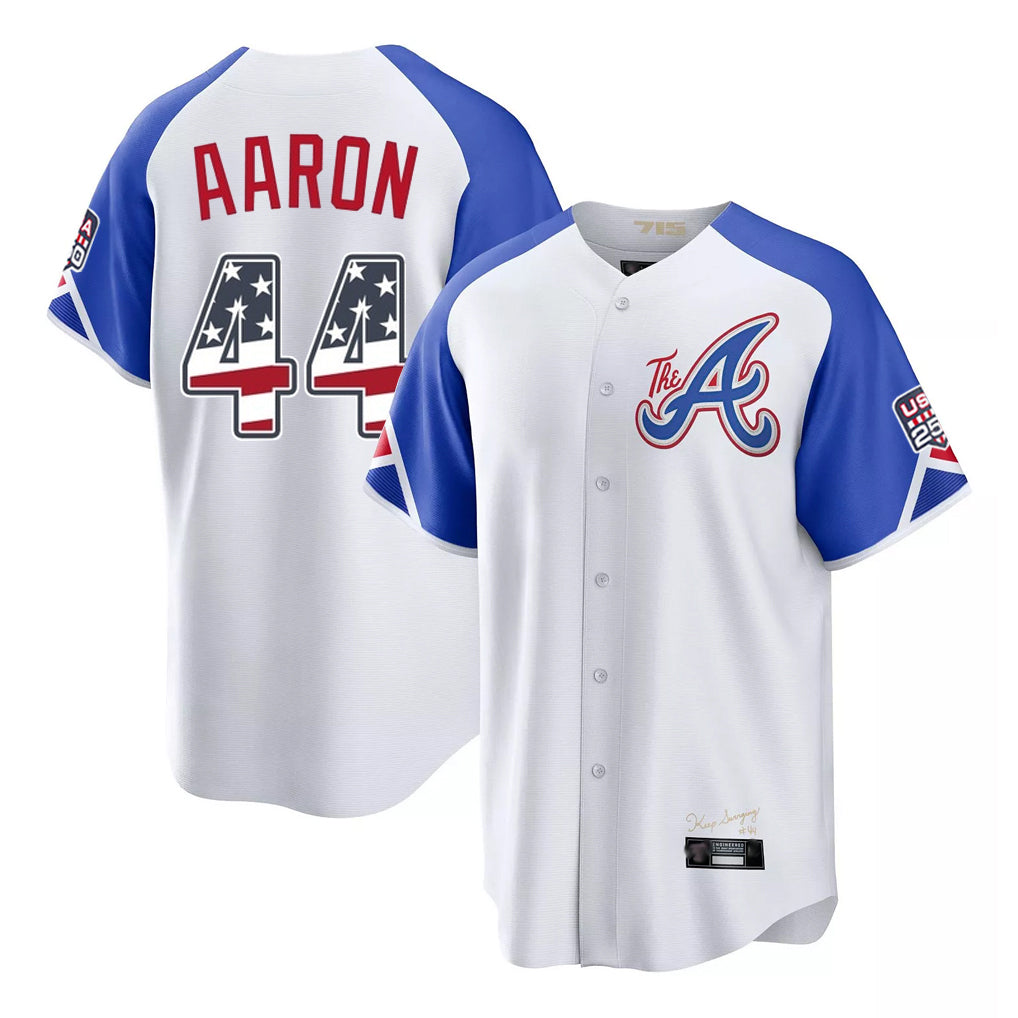 Atlanta Braves #44 Hank Aaron Player White HeidiMiller USA 250 Fourth Of July City Connect Home Game Stitched Jerseys