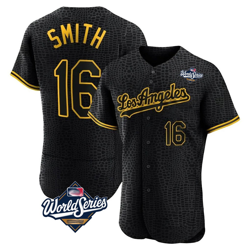 Los Angeles Dodgers #16 Will Smith Player Black HeidiMiller World Series Snake Skin City Limited Elite Home Stitched Jerseys