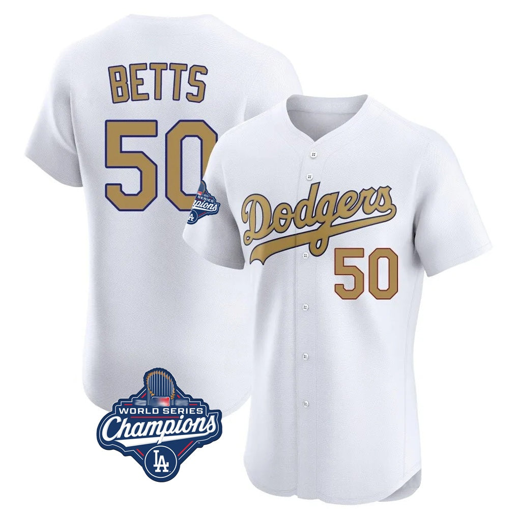 Los Angeles Dodgers #50 Mookie Betts Player White Gold HeidiMiller World Series Meet Limited Elite Home Stitched Jerseys
