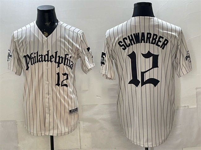 Philadelphia Phillies #12 Kyle Schwarber Cream HeidiMiller Pinstripe Gothic Vapor Limited Stitched Jersey