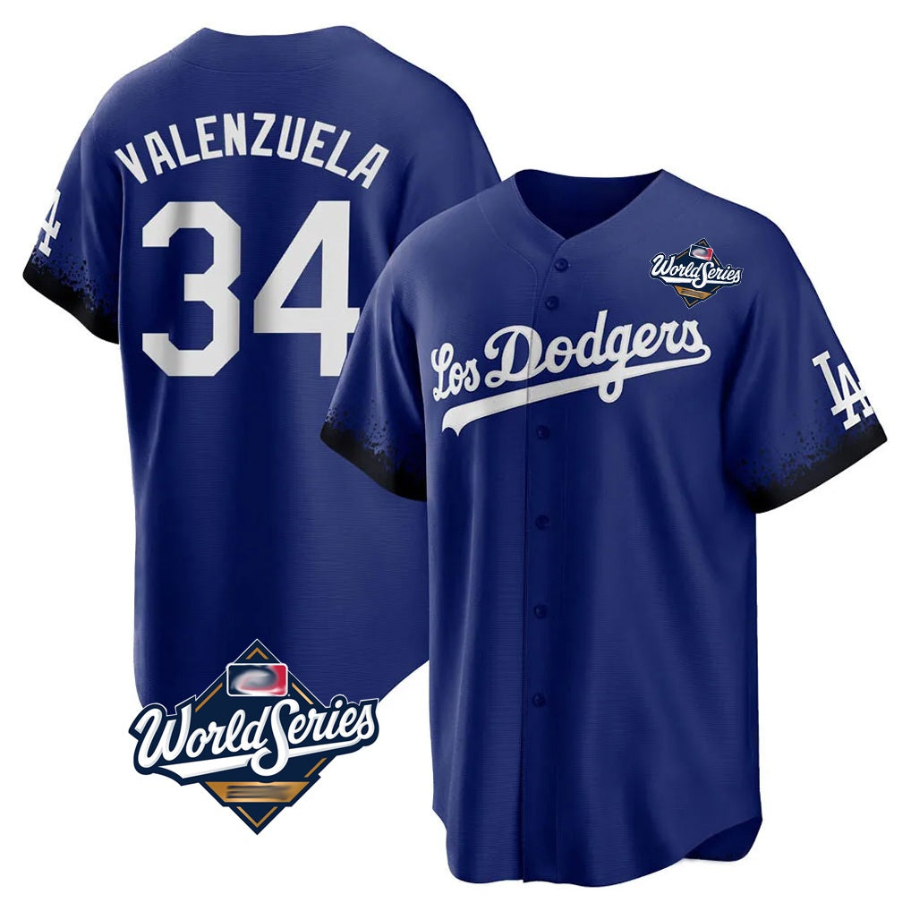 Los Angeles Dodgers #34 Fernando Valenzuela Player Royal HeidiMiller World Series City Connect Home Game Stitched Jerseys