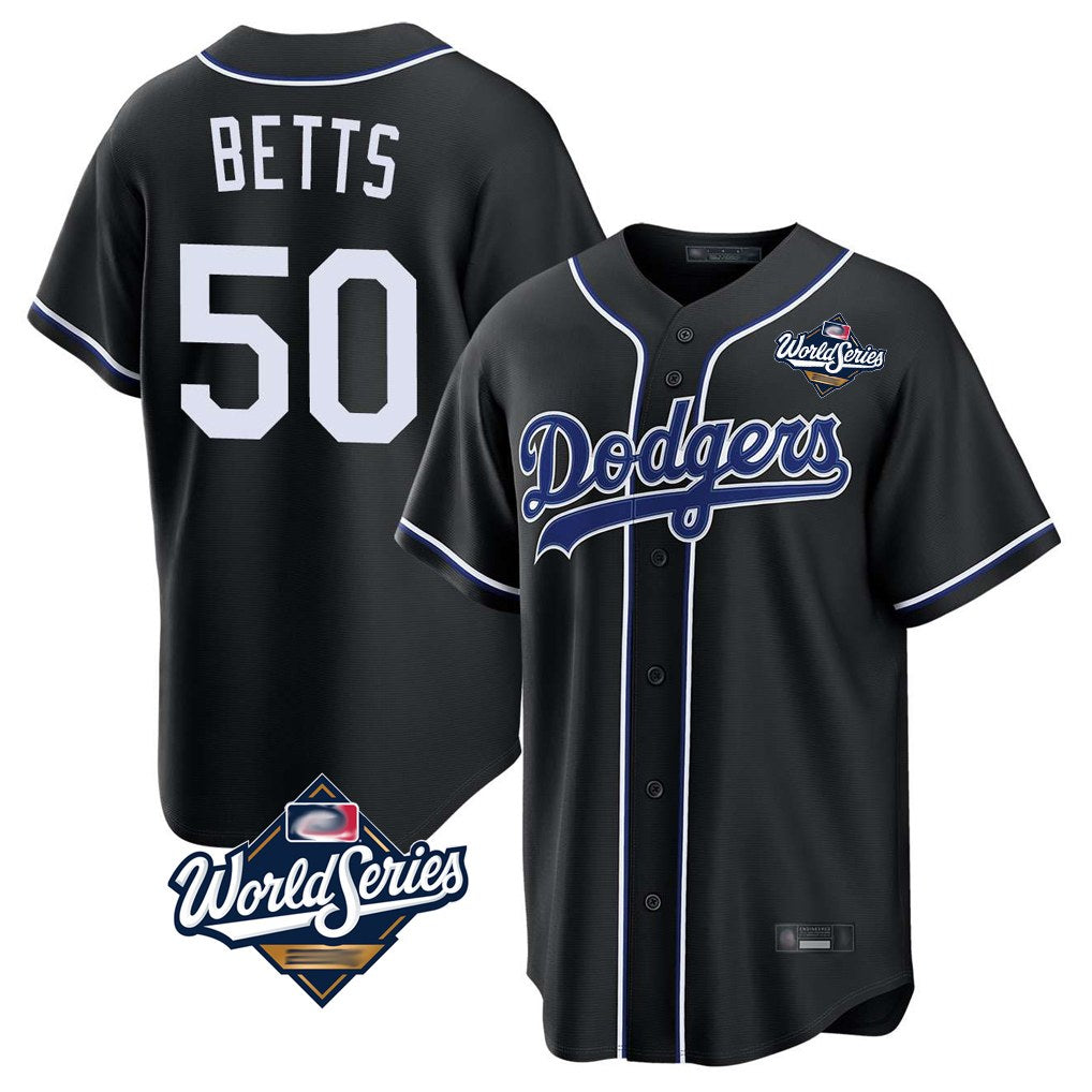 Los Angeles Dodgers #50 Mookie Betts Player Black HeidiMiller World Series Carbon Limited Home Stitched Jerseys