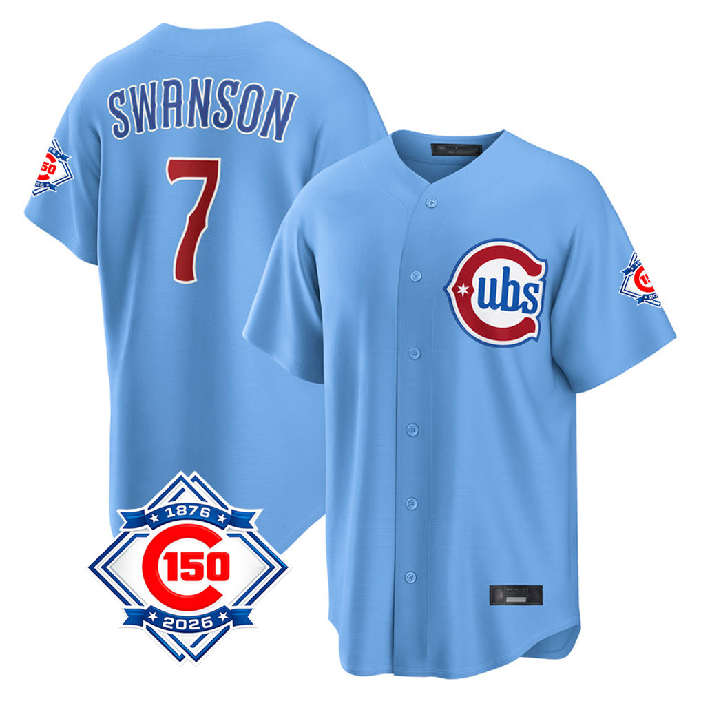 Chicago Cubs #7 Dansby Swanson Player Light Blue HeidiMiller 150th Anniversary Home Game Stitched Jerseys
