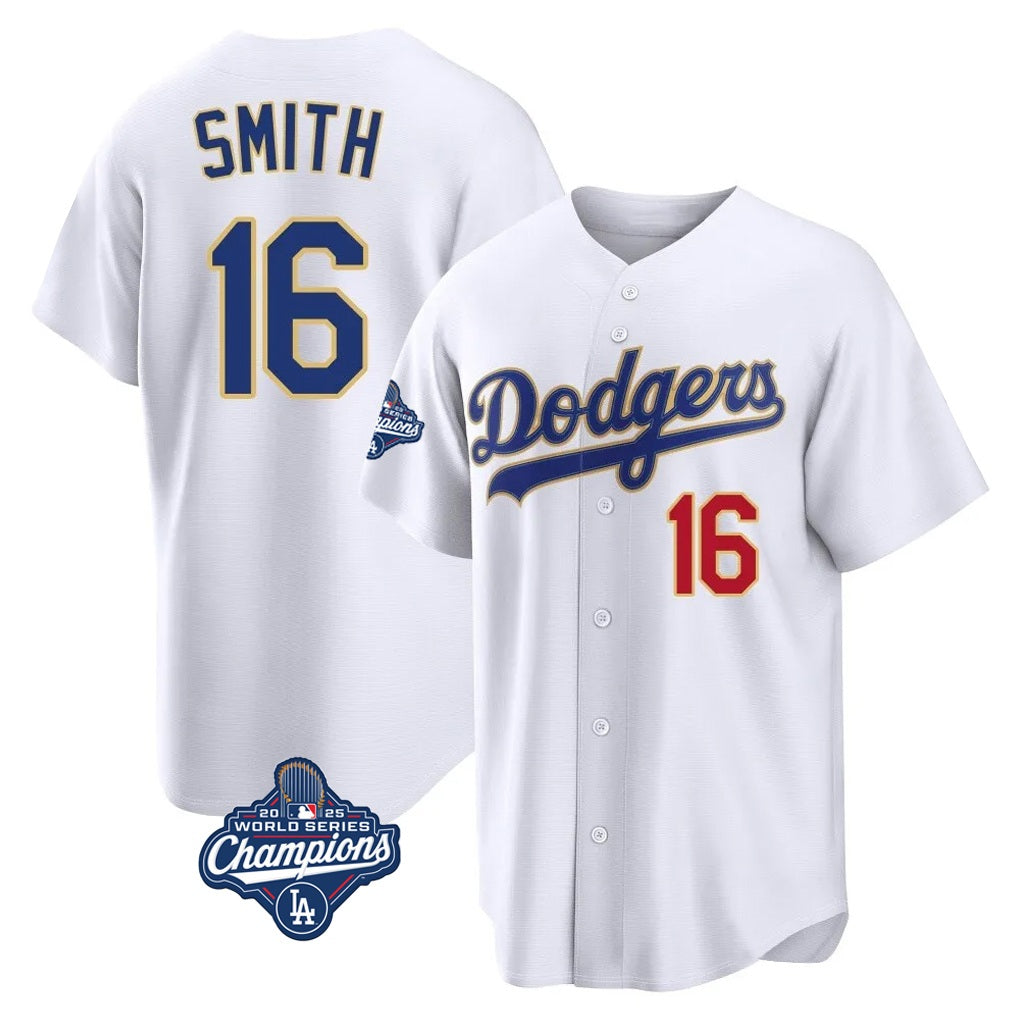 Los Angeles Dodgers #16 Will Smith Player Gold White HeidiMiller World Series Meet 2026 Collection Stadium Limited Stitched Jerseys