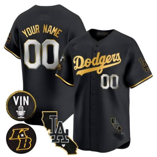 Custom Los Angeles Dodgers Vin Patch & Kobe Bryant Gold Trim Vapor Premier Limited Jersey V2 ¨C All Stitched-Black HeidiMiller