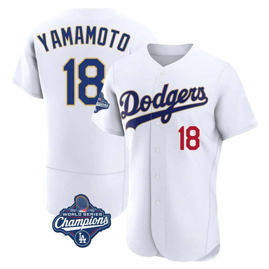 Los Angeles Dodgers #18 Yoshinobu Yamamoto Player Gold White HeidiMiller World Series Meet 2026 Collection Stadium Limited Elite Stitched Jerseys