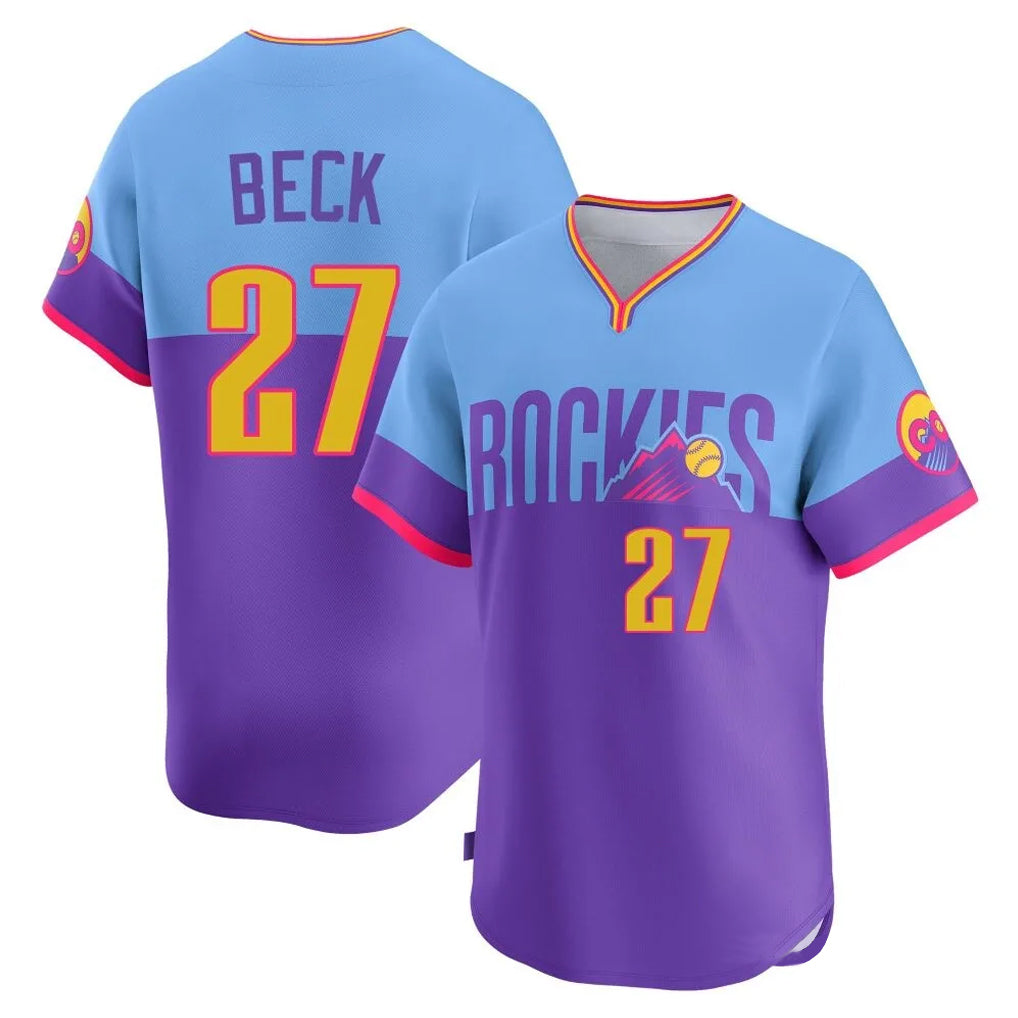 Colorado Rockies #27 Jordan Beck Player Purple-Light Blue HeidiMiller City Connect Limited Home T-shirt Stitched Jerseys