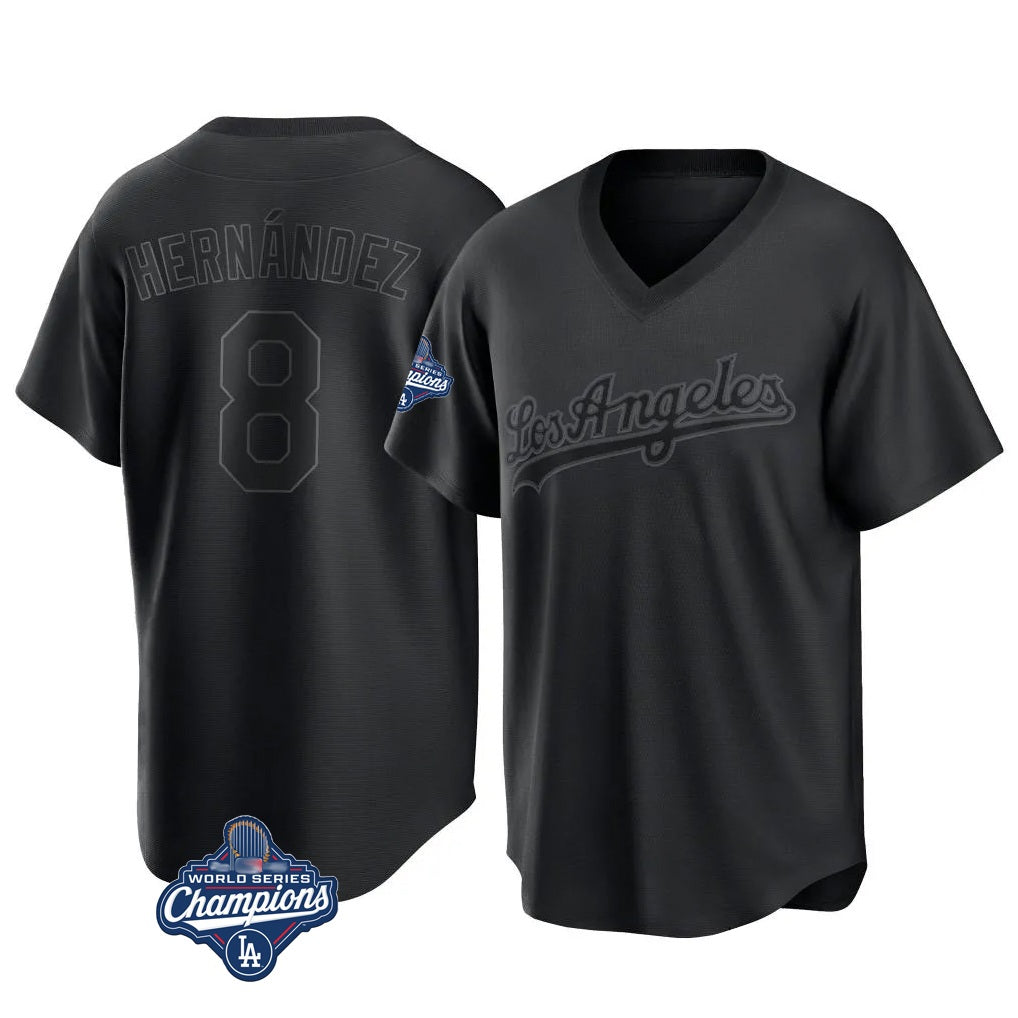 Los Angeles Dodgers #8 Enrique Hern¨¢ndez Player Black HeidiMiller World Series Meet Pitch Fashion T-shirt Stitched Jerseys